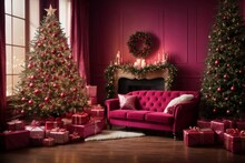 Christmas In A Warm And Cozy Home. The Purple Living Room Is Beautifully Decorated With Christmas Trees, Garlands And Gifts, Radiating Festive Cheer And Creating The Perfect Atmosphere For Christmas.