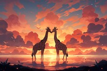 Two Giraffes In Love Against A Background Of Sunset Skies With Clouds And A Heart