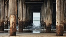  The Underside Of A Wooden Pier With Waves Coming In From The Water And A Person Walking On The Sand Under The Pier And Looking At The Water Below The Pier.