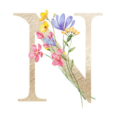 Sticker - Gold letter N with watercolor flowers and leaves. Floral alphabet, monogram initials perfectly for birthday, wedding invitations, greeting card, logo, poster and other design. Hand painting.