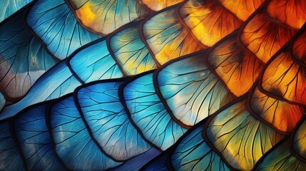 Wall Mural -  a close up of a multicolored bird's wing with a blue, yellow, red, and green pattern on it's wings and a white background.