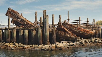 Poster -  a group of wooden boats sitting on top of a body of water next to a wooden dock with rocks on the side of the water and a blue sky with clouds in the background.