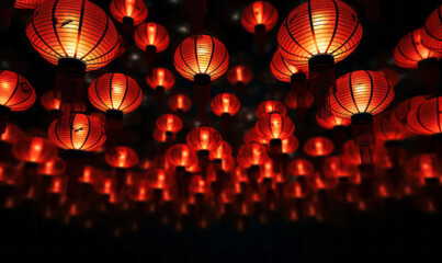 Wall Mural - Traditional chinese red lanterns glowing against a dark background. Chinese lunar new year