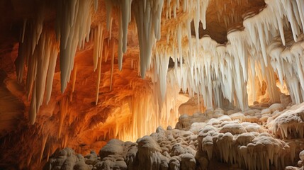 Poster -  a cave filled with lots of ice hanging from the side of it's walls next to another cave filled with lots of ice hanging from the side of the walls.