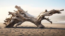  A Large Piece Of Driftwood Sitting On Top Of A Sandy Beach Next To A Body Of Water With Waves Coming In And Out Of The Water On Top Of It.