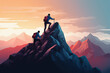 Two hikers climbing steep mountain at sunset