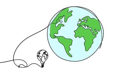 Wall Mural - Abstract color planet Earth with light bulb as line drawing on white