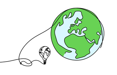 Wall Mural - Abstract color planet Earth with light bulb as line drawing on white