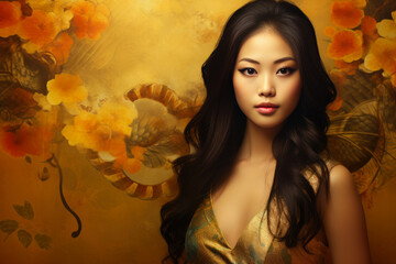  Elegant Asian Lady Embracing Gold Hues
