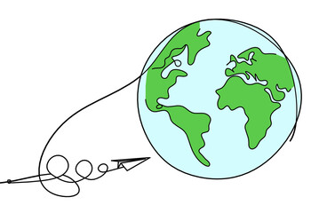 Wall Mural - Abstract color planet Earth with paper plane as line drawing on white