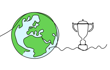 Wall Mural - Abstract color planet Earth with trophy as line drawing on white