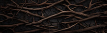 Banner Photo Of Dark Dry Roots Sticks On Black Soil For Background Or Banner. Шntertwined Dark Wooden Branches Creating A Natural, Textured Pattern