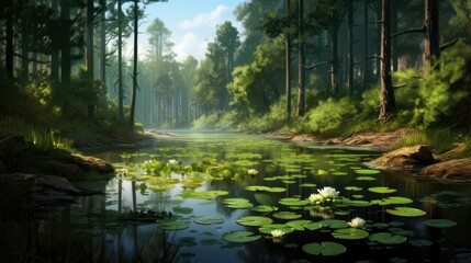 Wall Mural - Calm river in the middle of a forest under shady pine trees