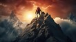 © Muamanah - A man climbs a rocky mountain peak. With sunset views.