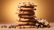 A stack of chocolate chip cookies, with one broken to show the gooey chocolate, set against a solid tan background for a homey dessert ad.