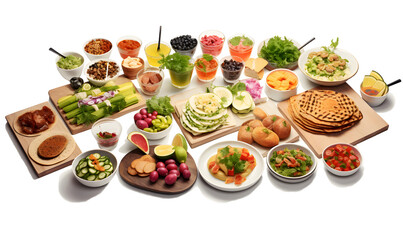 Wall Mural - Big set of snacks and appetizers isolated on a transparent background.