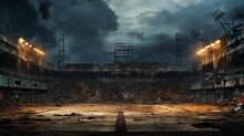 A Post-apocalyptic Sports Arena. Old Abandoned Stadium. Destroyed Sports Field.