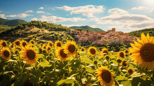 Field Of Sunflowers With A Village