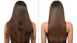 © Janeberry - Woman before and after washing her hair with moisturizing shampoo on a white background. Flawless smooth hair after straightening with an iron. Collage, back view. Hair care and treatment concept