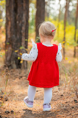 Wall Mural - Rear view of child toddler girl in a red dress in the autumn forest. Happy childrens day. Active outdoor games, fun and happy concept of carefree childhood