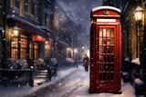 Fototapeta Londyn - A vintage red telephone booth stands on a snowy winter street