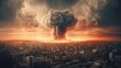 Nuclear explosion in the city at sunset. 3D. Nuclear explosion. Atomic Bomb. World War 3 Concept.