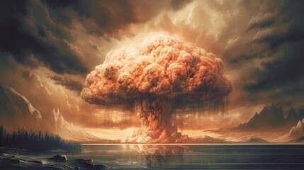 Nuclear explosion in the ocean. 3D illustration. Nuclear explosion. Atomic Bomb. World War 3 Concept.