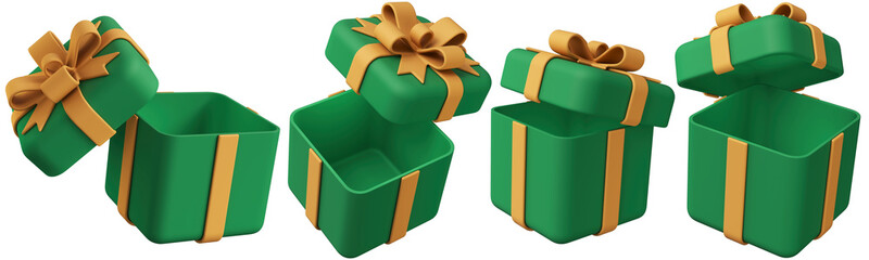 Set of green open surprise box with an orange ribbon  bow. Cartoon gift boxes in various positions, illustrated in a plastic 3D style. Birthday, Valentine's Day, New Year, Women's Day, Black Friday.