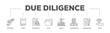 Due diligence infographic icon flow process which consists of potential, study, evaluating, files, invest, corporation, examination and value icon live stroke and easy to edit 