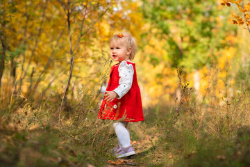 Wall Mural - The sweetest child toddler girl in a red dress in the autumn forest. Happy childrens day. Active outdoor games, fun and happy concept of carefree childhood