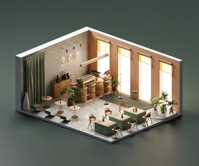 Wall Mural - Isometric view minimal cafe store open inside interior architecture, 3d rendering digital art.