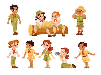 Wall Mural - Cute Children Wear Safari Costume and Hat Vector Set