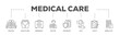 Medical care infographic icon flow process which consists of hospital, health care, emergency, doctor, insurance, cost, safety, mobile app icon live stroke and easy to edit 