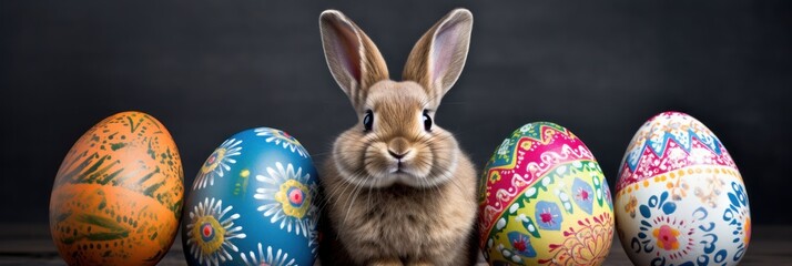 Wall Mural - An Easter bunny between colorfully painted Easter eggs against a gray background