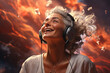 Full body of cheerful yoga middle age woman in white dress with headphones smiling and jumping while listening to music against light heaven background, photorealistic fantasies, AI Generative