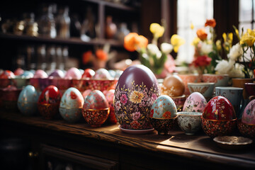 Wall Mural - Decorated easter eggs on wooden table