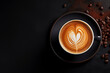 Cup of coffee latte with heart shape and coffee beans on dark background. Cup of fresh made coffee on dark background. Top view, copy space.