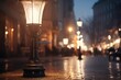 A street light illuminating a city street at night. This image can be used to depict urban landscapes, city life, nightlife, or the concept of safety and security in cities