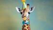 creative animal concept giraffe in party cone hat necklace bowtie outfit on solid pastel background advertisement birthday party invite invitation