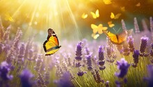 A Sunny Summer Nature Background Sets The Stage For A Breathtaking Display Of Beauty Graceful Butterflies Flutter Amidst A Mesmerizing Sea Of Lavender Flowers Bathed In The Golden Hues Of Sunlight