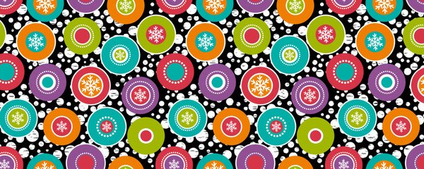 Wall Mural - Christmas banner with decoration of snowflakes in colour rings. Merry Christmas and Happy New Year greeting banner. Horizontal new year background, headers, website. Vector 