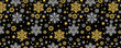 Black Christmas pattern background with golden and silver glittering snowflakes and stars. Merry Christmas and Happy New Year greeting banner. Horizontal new year background, headers, website. Vector 