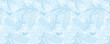 Blue Christmas banner with drawn Christmas tree branches, squirrels and snowflakes. Merry Christmas and Happy New Year greeting banner. Horizontal new year background, headers,  website. Vector 