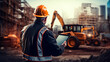 An engineer utilizing a tablet while engaged in work against the backdrop of heavy construction machinery at a construction site. Generative AI