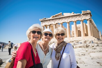 Three smiling female senior tourists visiting Greece posing  looking at the camera