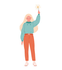 Woman holding sparkler and celebrating Christmas or New Year. Vector illustration in flat style