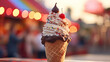 Soft vanilla ice cream over a chocolate coating in a waffle cone topped with a piece of chocolate, with chocolate shavings and a cherry on top. The image shows the ice cream with an out-of-focus amuse