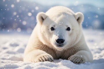 Wall Mural - Cute baby polar bear in snow winter. ai generative