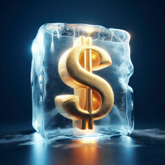 Golden dollar sign frozen inside ice block on dark blue background. ai generative