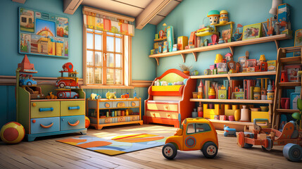 Colorful interior of children room with furniture and toys. Cartoon style.